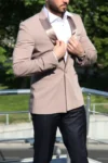Beige Suit with White Shirt and Black Pants
