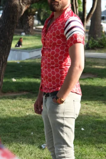 Red Half-Sleeve Shirt with White Drawings